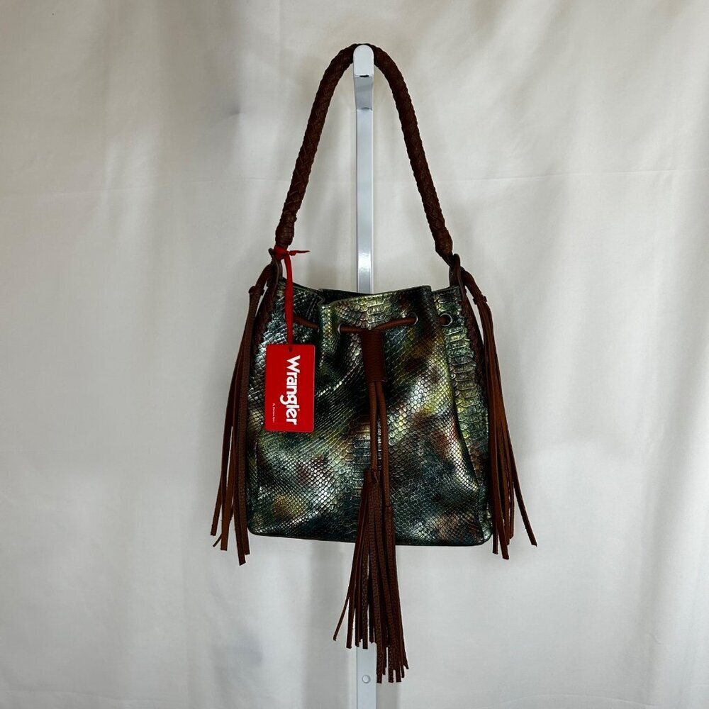 Wrangler Drawstring Bucket Hobo Shoulder Bag Tassels Fringe Leather Turquoise Gr